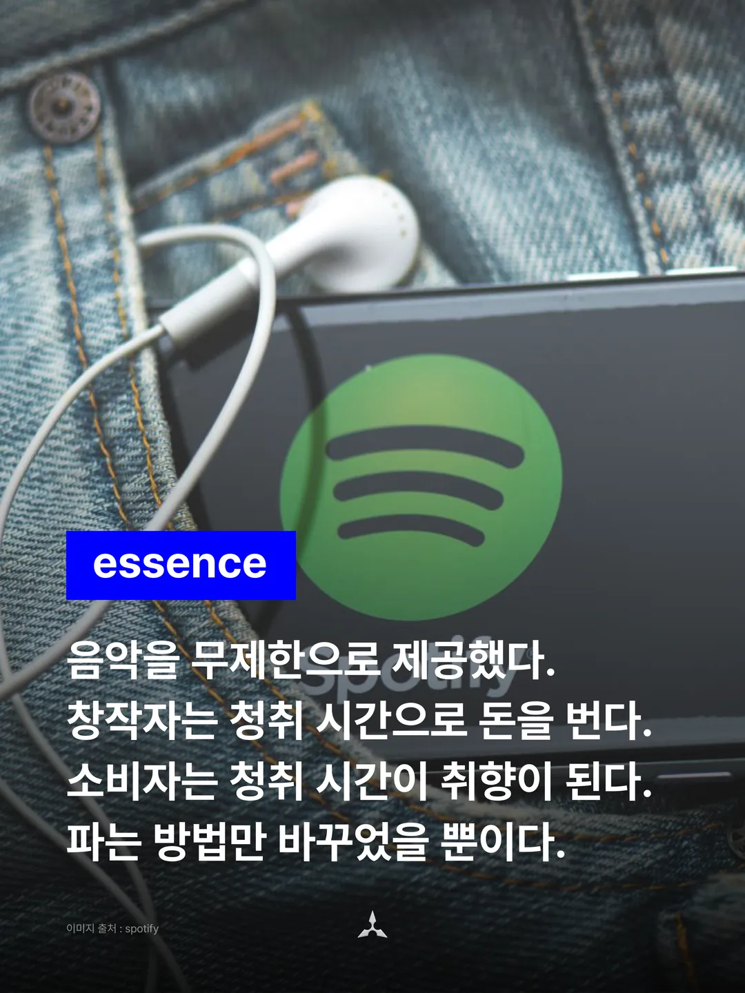 청바지 주머니에 꽂힌 이어폰과 Spotify 로고가 뜬 휴대폰 위에 파란 essence 배지와 선언 네 줄. "음악을 무제한으로 제공했다. 창작자는 청취 시간으로 돈을 번다. 소비자는 청취 시간이 취향이 된다. 파는 방법만 바꾸었을 뿐이다."